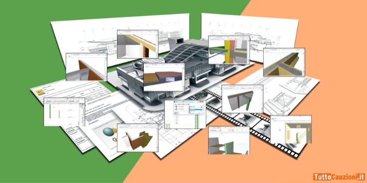 Immagine di un edificio e diverse finestre con progetti: immagine della progettazione BIM.