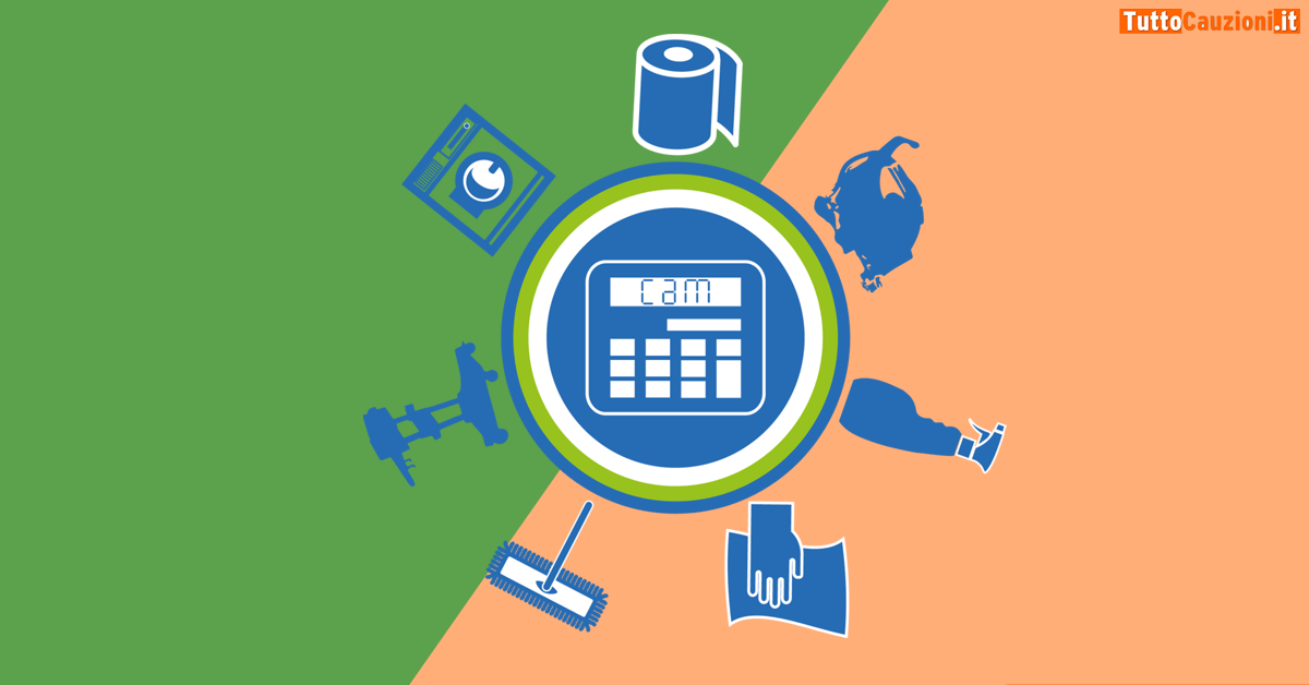 Icone di pulizia e l'immagine di una calcolatrice con la scritta CAM: Criteri ambientali minimi.