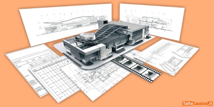 Grafica che mostra un edificio e le carte di un progetto in prospettiva su sfondo arancione.