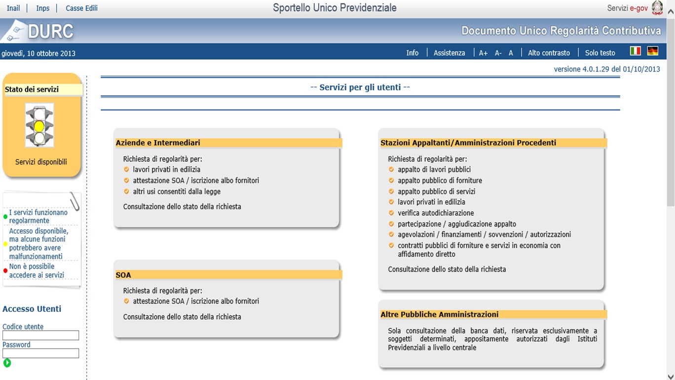 Schermata del sito governativo relativo del DURC (Documento Unico di Regolarità Contributiva).